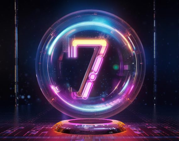 a big neon 7 inside a bubble, futuristic style