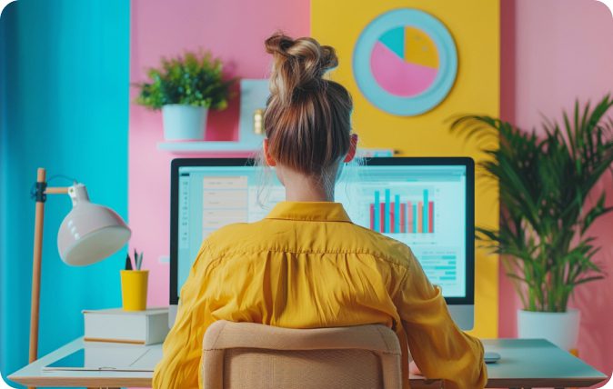 A woman employee working on her computer showing dashboards.