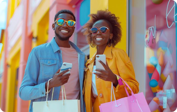 A smiling couple with shopping bags.